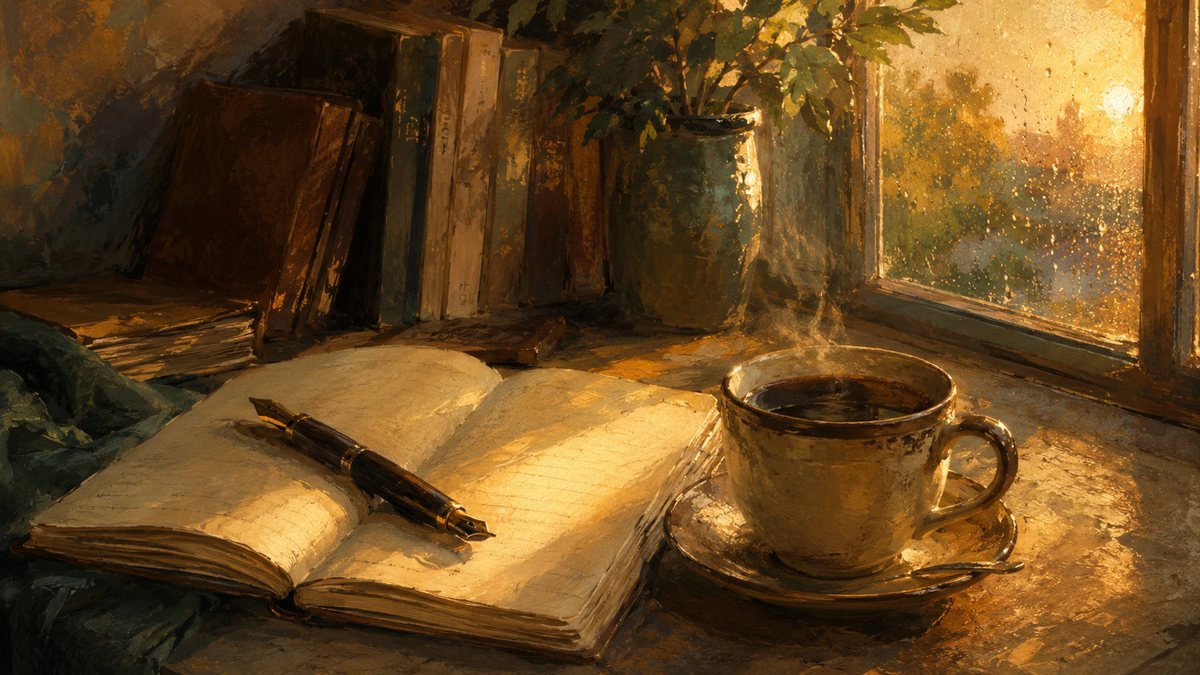 Cozy reading nook with rain on the window, painterly wallpaper