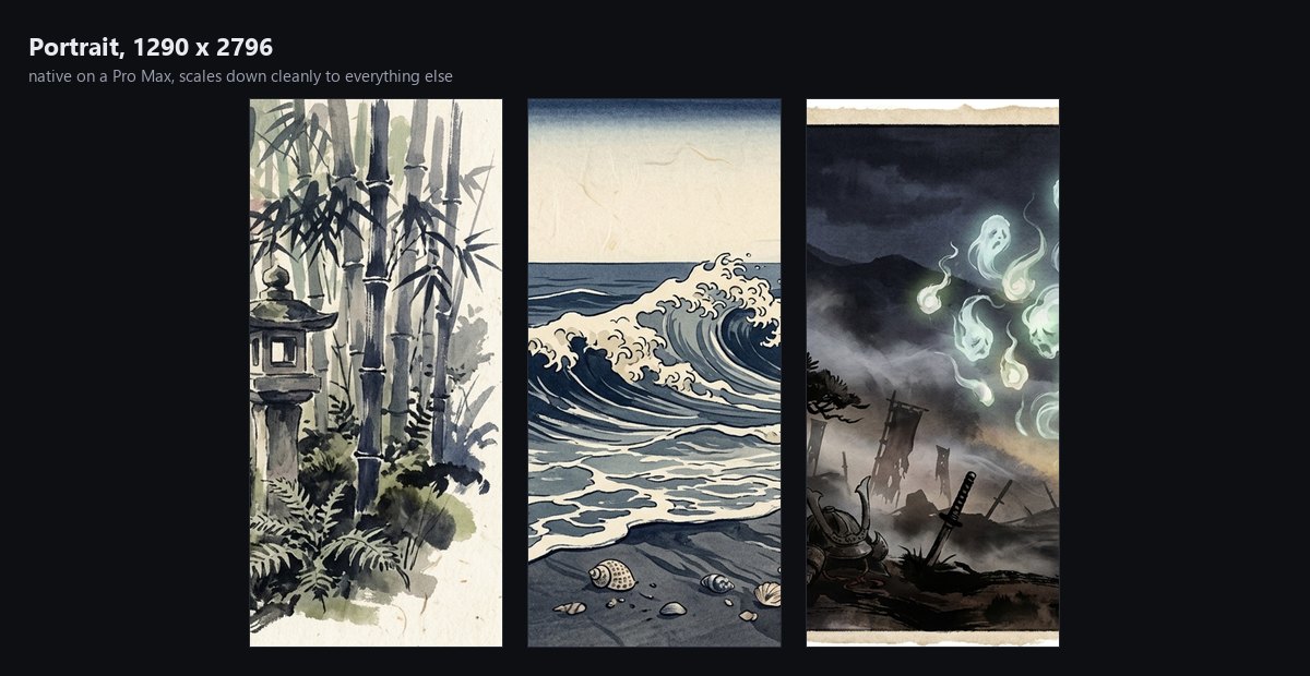 Three portrait phone wallpapers at 1290 by 2796