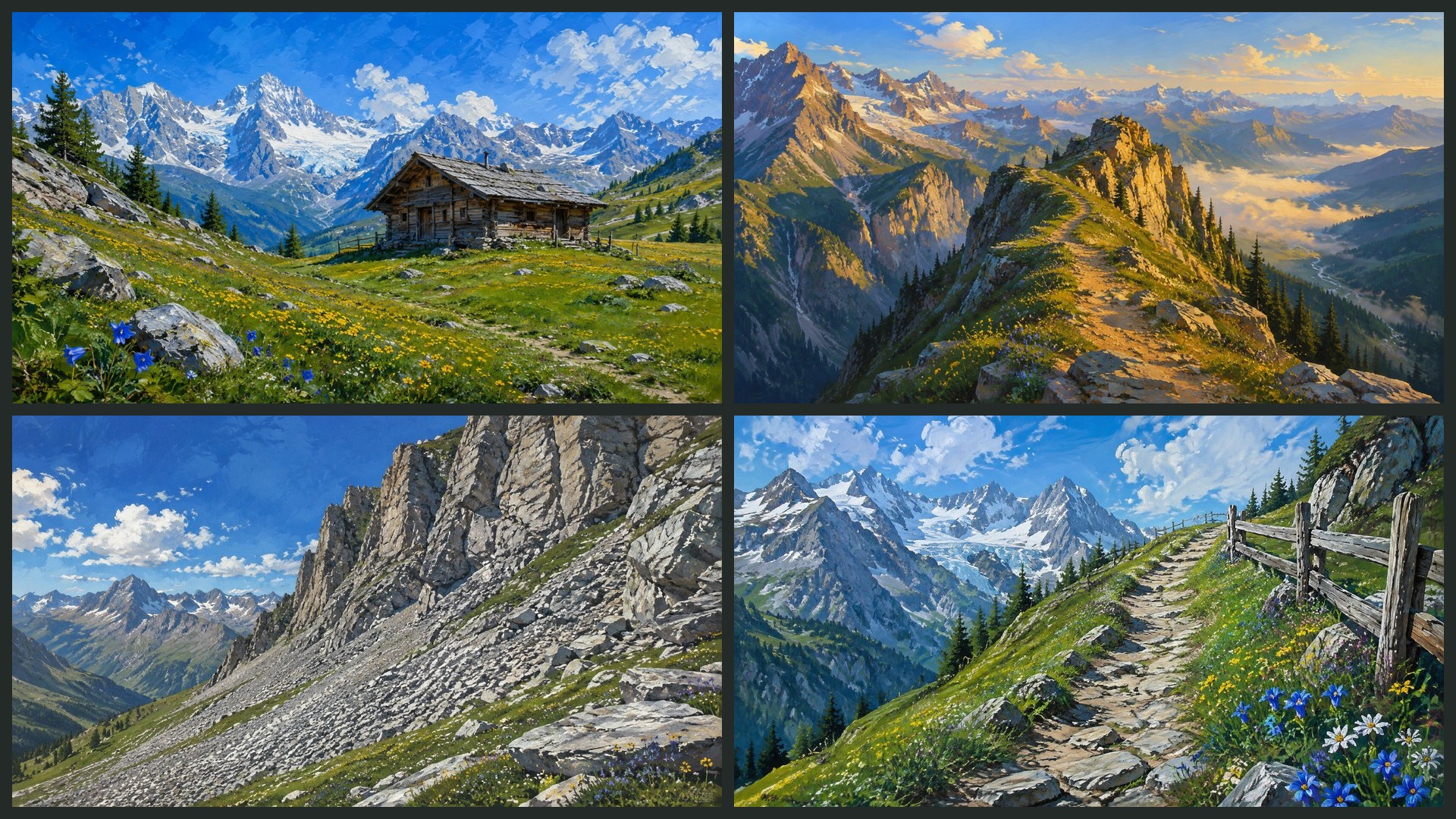 Four sample 4K wallpapers from 100 Alpine Meadows & Mountain Huts 4K Wallpapers — Painterly Summer Highland Aesthetic (Vol 39)