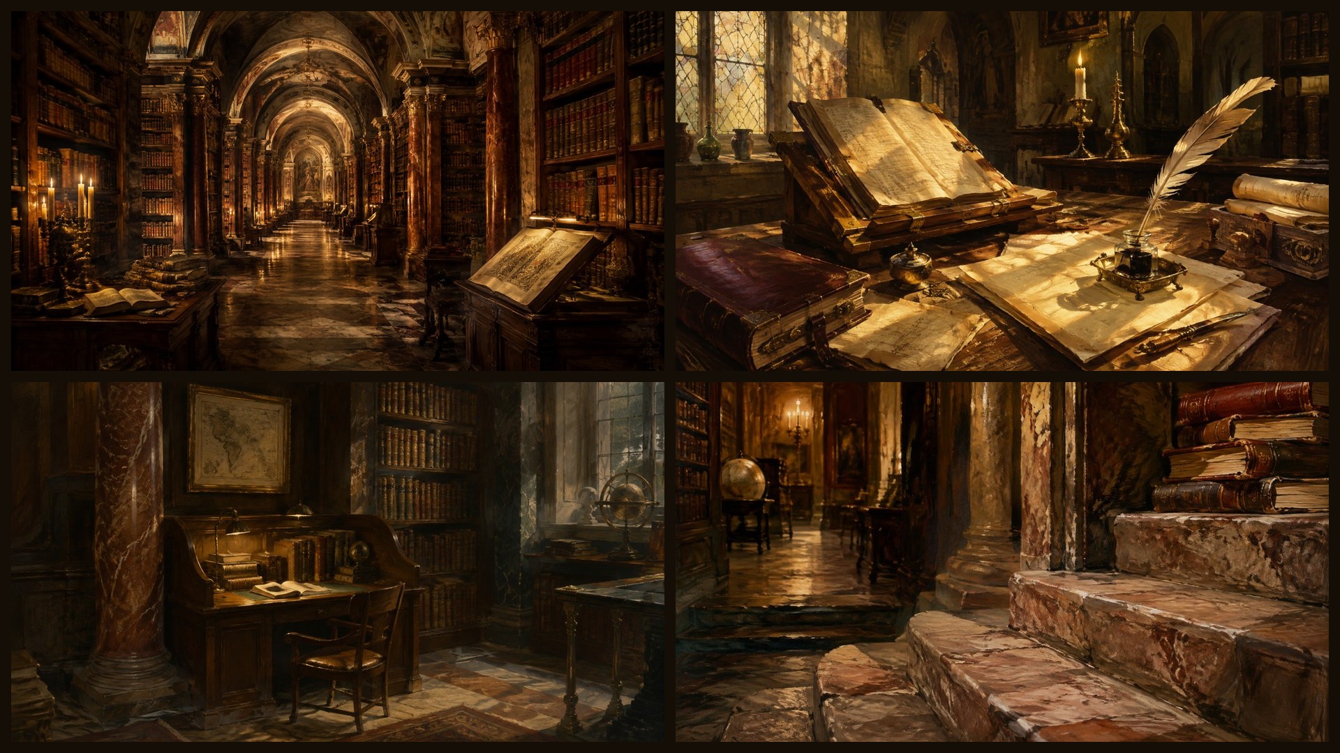 Four sample 4K wallpapers from 100 Ancient Libraries & Archives 4K Wallpapers — Painterly Scholarly Interior Aesthetic (Vol 43)