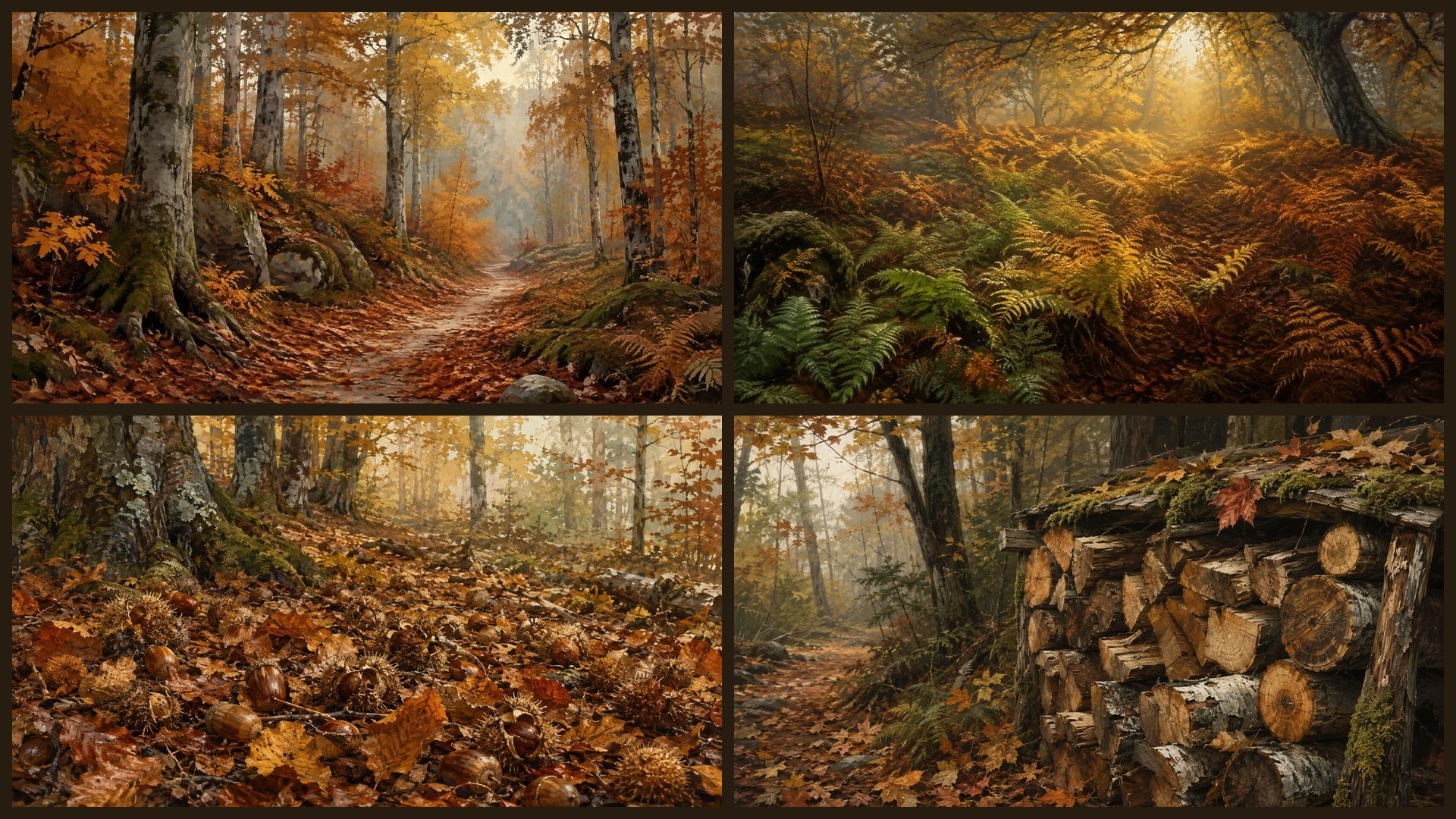 Four sample 4K wallpapers from 100 Autumn Woodland Trails 4K Wallpapers — Painterly Temperate Forest Aesthetic (Vol 37)
