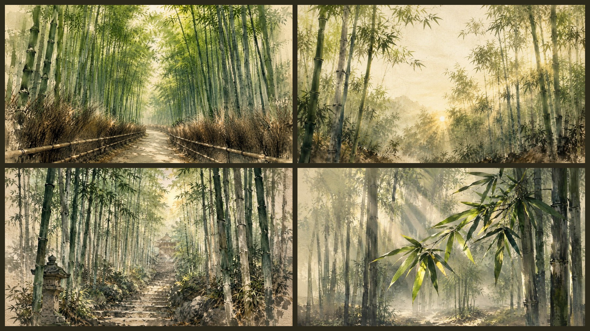Four sample 4K wallpapers from 99 Bamboo Forest Studies 4K Wallpapers — Serene Japanese Painterly Aesthetic (Vol 13)