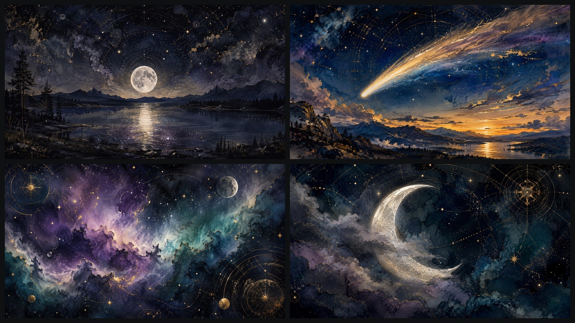 Four sample 4K wallpapers from 100 Celestial 4K Wallpapers — Moon Phases & Star Maps Painterly Aesthetic (Vol 30)