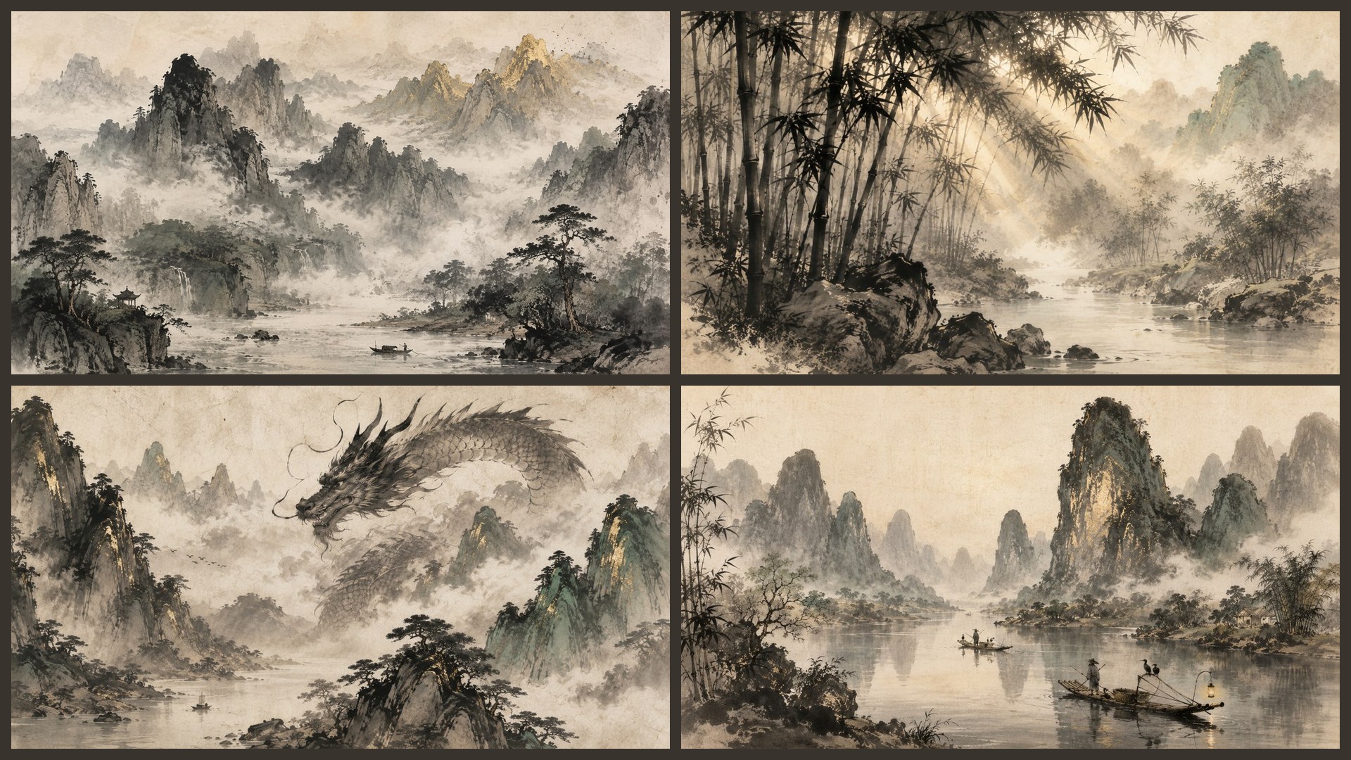 Four sample 4K wallpapers from 100 Chinese Ink Wash Landscape Shanshui 4K Wallpapers — Painterly Traditional Aesthetic (Vol 19)