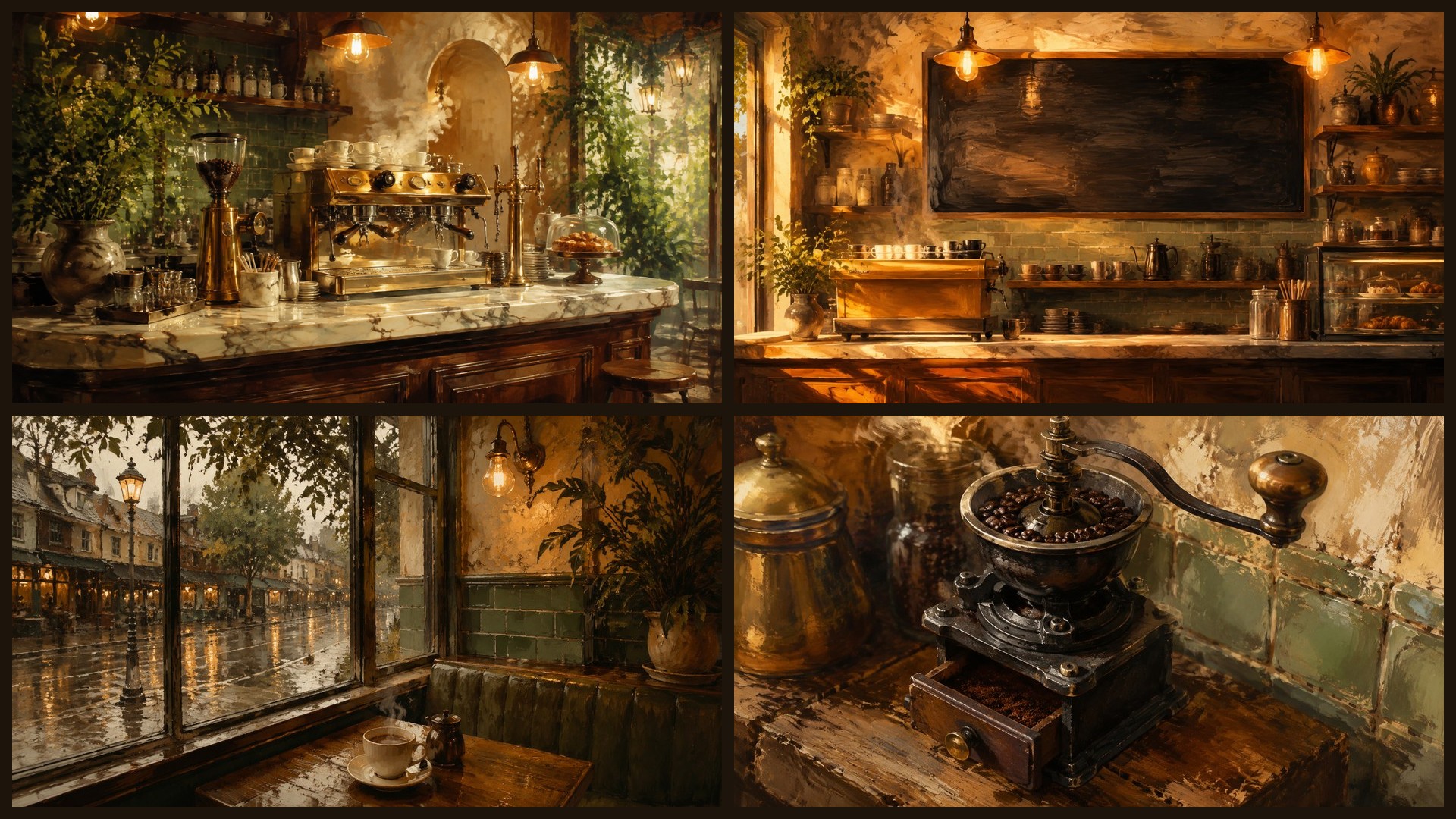 Four sample 4K wallpapers from 100 Coffee & Café Interiors 4K Wallpapers — Warm Painterly Everyday Aesthetic (Vol 32)