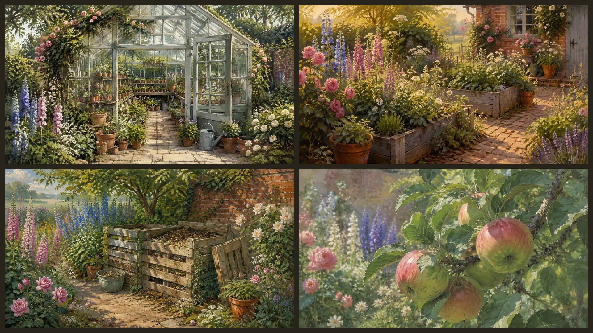 Four sample 4K wallpapers from 100 Cottage Garden & Greenhouse 4K Wallpapers — Painterly Growing Season Aesthetic (Vol 42)