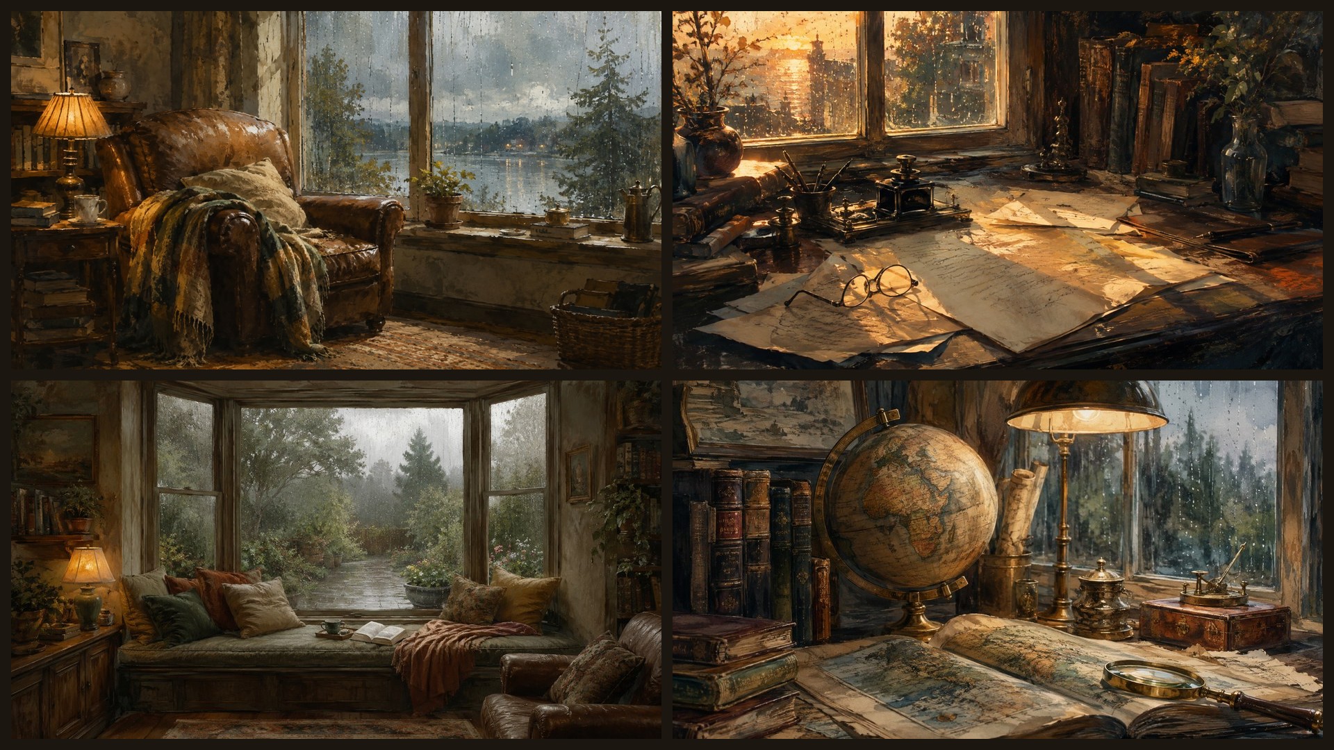 Four sample 4K wallpapers from 100 Cozy Reading Nook & Rainy Window 4K Wallpapers — Warm Painterly Interior Aesthetic (Vol 28)