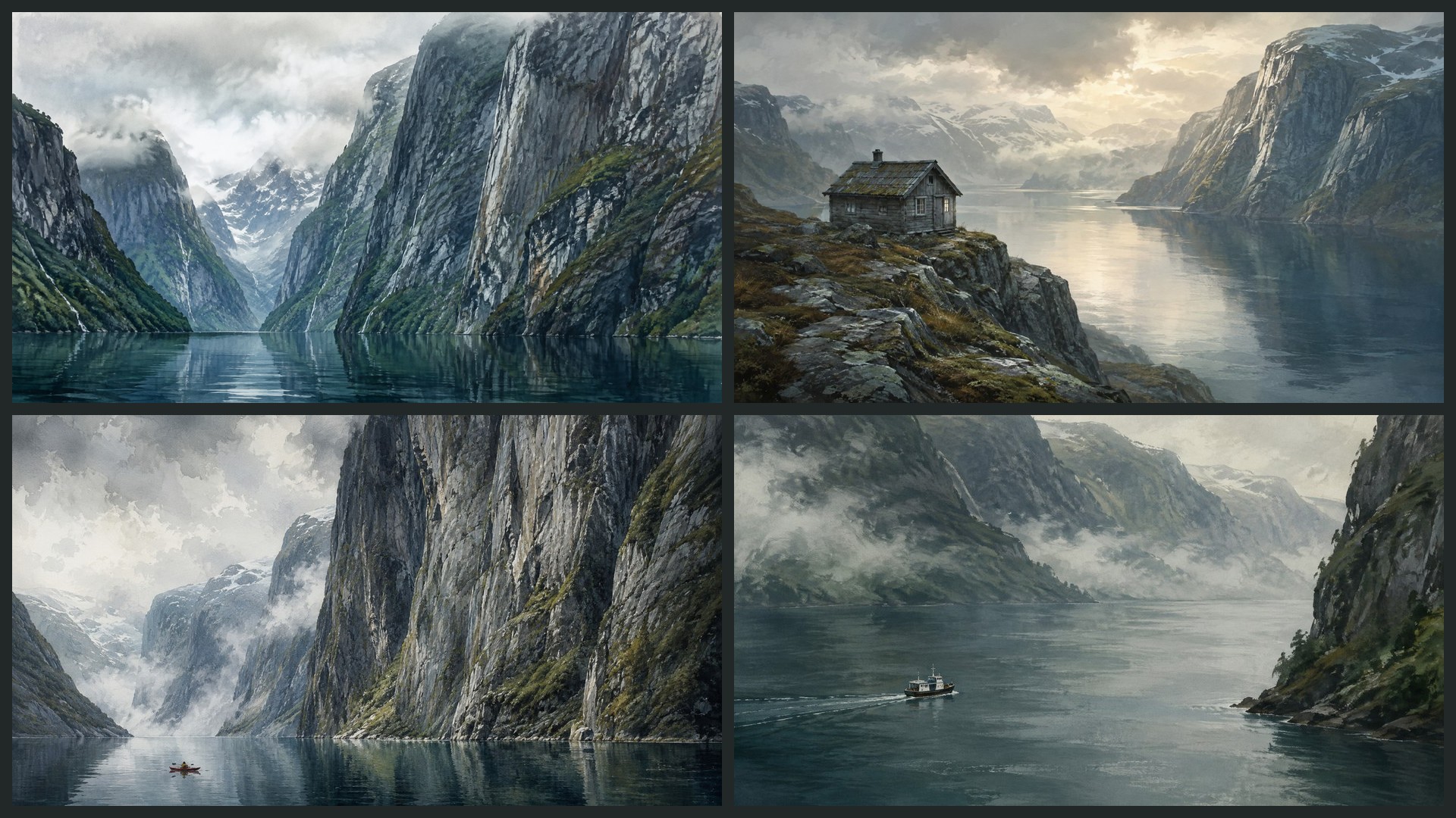 Four sample 4K wallpapers from 100 Fjord Country 4K Wallpapers — Glacial Waters & Cliffside Falls (Vol 45)