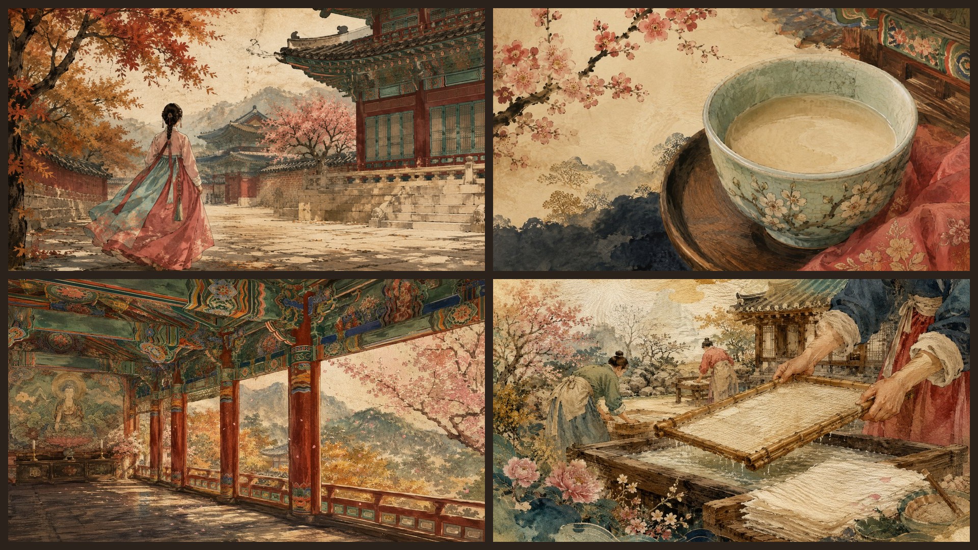 Four sample 4K wallpapers from 100 Korean Aesthetic Hanbok & Hanok 4K Wallpapers — Painterly Traditional Korea (Vol 22)