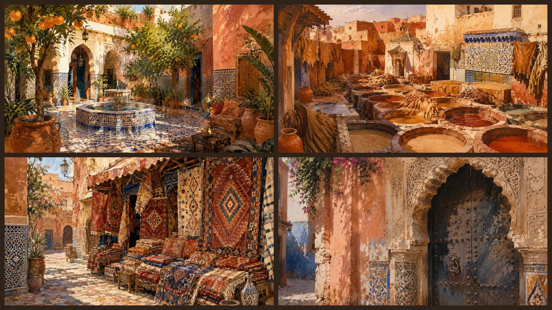 Four sample 4K wallpapers from 100 Marrakech Medina & Riad Courtyards 4K Wallpapers — Painterly North African Aesthetic (Vol 48)