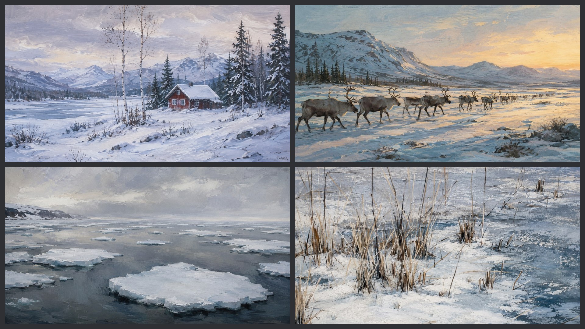 Four sample 4K wallpapers from 100 Nordic & Scandinavian Winter 4K Wallpapers — Minimal Painterly Snow Aesthetic (Vol 29)