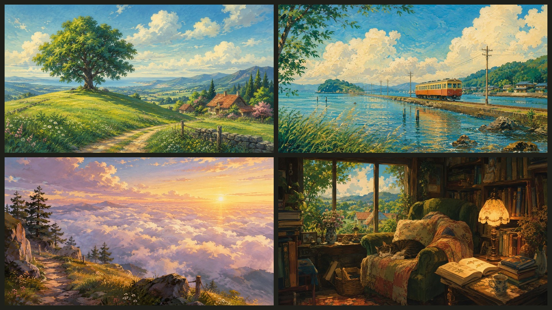 Four sample 4K wallpapers from 100 Nostalgic Anime Countryside 4K Wallpapers — Hand-Painted Cel Background Aesthetic (Vol 27)
