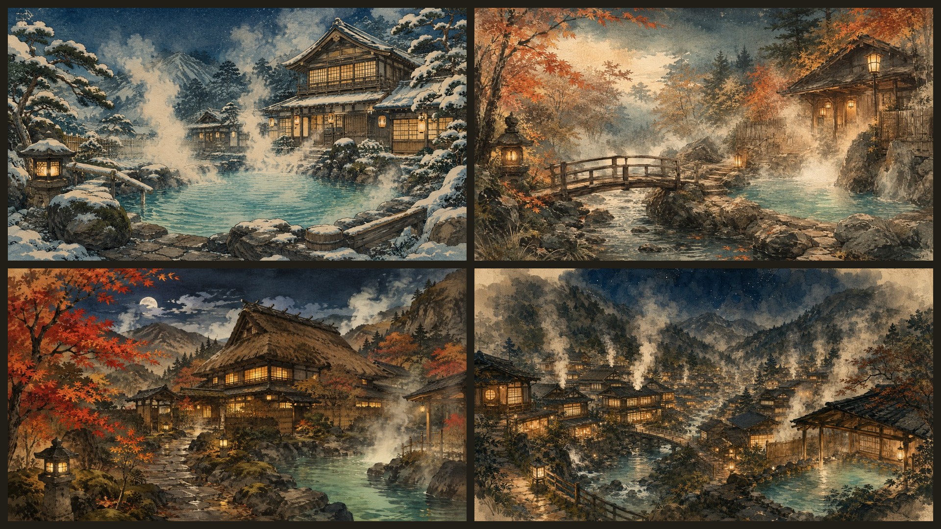Four sample 4K wallpapers from 100 Onsen & Mountain Retreat 4K Wallpapers — Cozy Japanese Painterly Aesthetic (Vol 10)