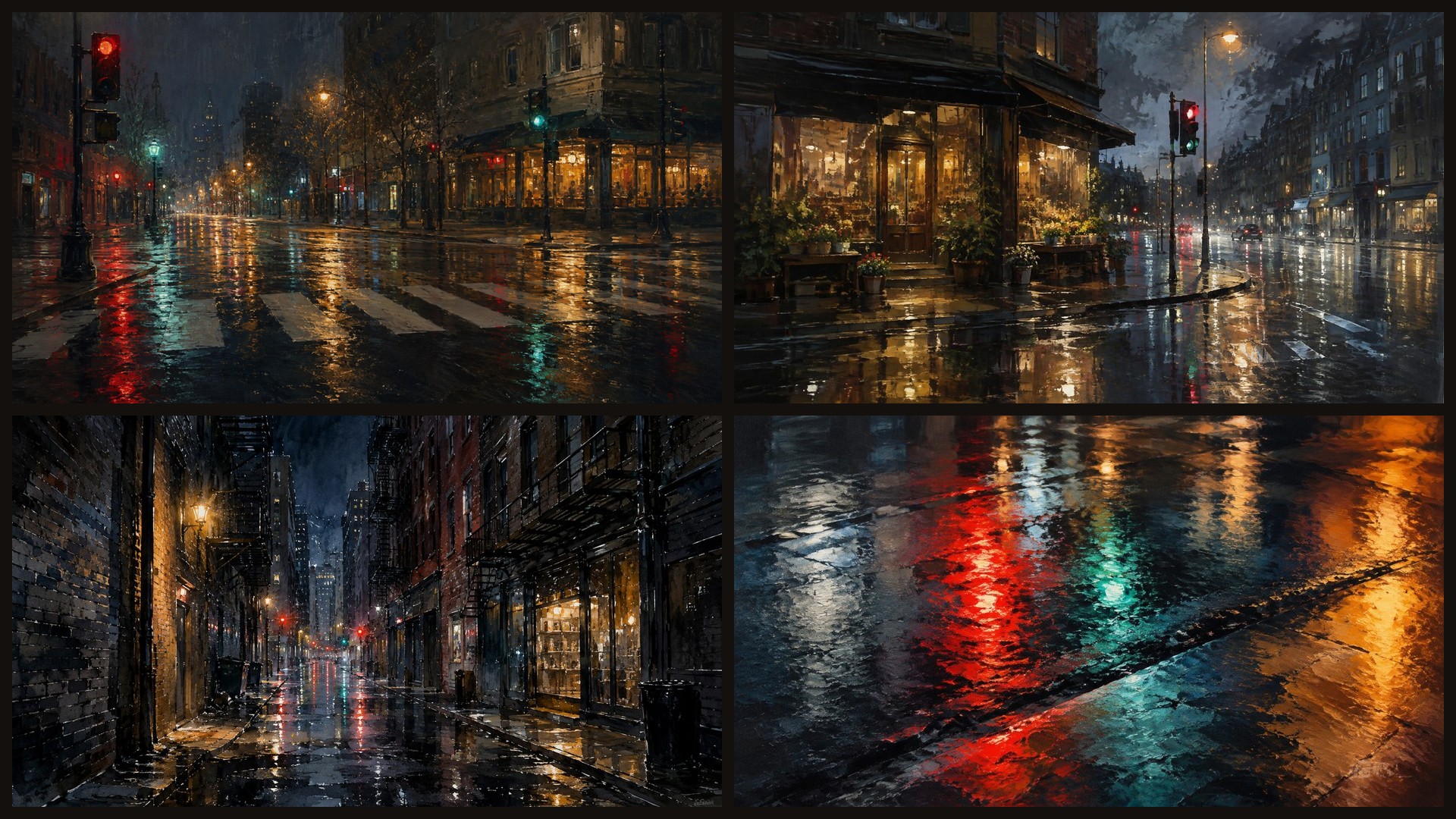 Four sample 4K wallpapers from 100 Rainy City Nights 4K Wallpapers — Painterly Urban Reflection Aesthetic (Vol 38)