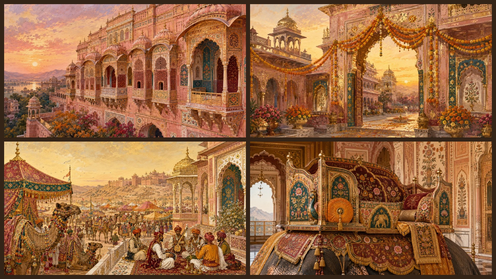 Four sample 4K wallpapers from 100 Rajasthan Palaces & Stepwells 4K Wallpapers — Painterly Rajput Heritage Aesthetic (Vol 49)