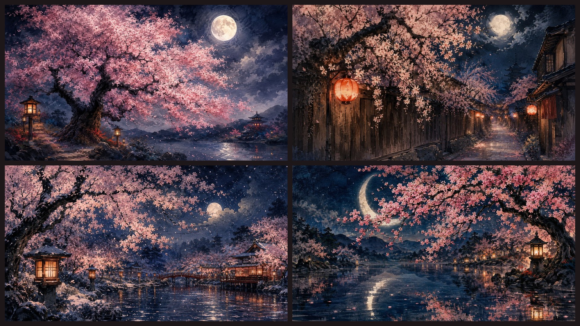 Four sample 4K wallpapers from 100 Sakura Night Illumination Yozakura 4K Wallpapers — Painterly Japanese Aesthetic (Vol 20)