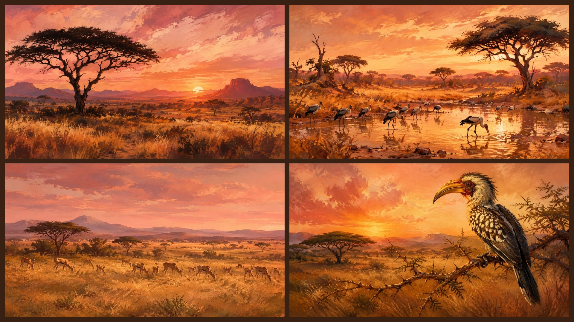Four sample 4K wallpapers from 100 Savanna at Golden Hour 4K Wallpapers — Grassland Wildlife Painterly Aesthetic (Vol 44)
