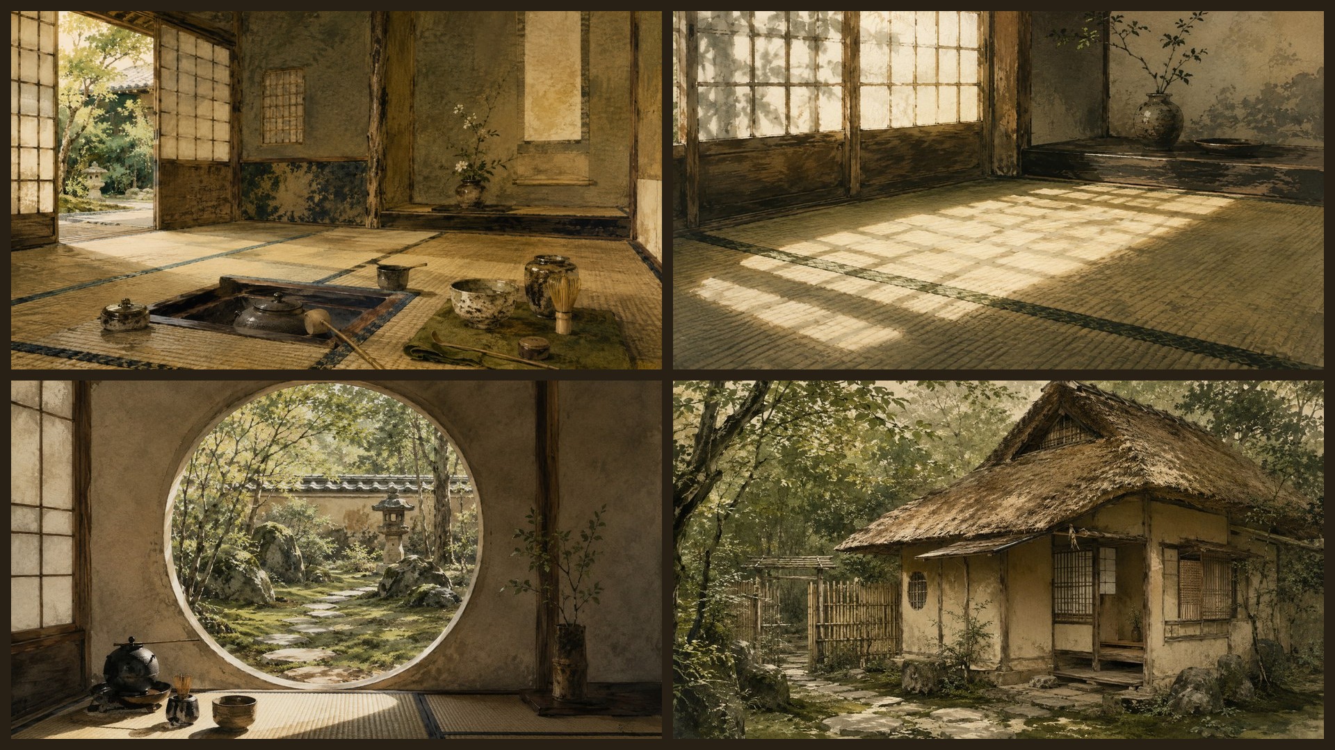 Four sample 4K wallpapers from 100 Tea Ceremony Chadou 4K Wallpapers — Contemplative Japanese Painterly Aesthetic (Vol 14)
