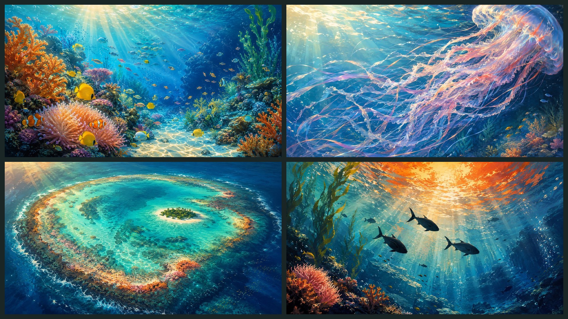 Four sample 4K wallpapers from 100 Underwater Coral Ocean 4K Wallpapers — Painterly Marine Aesthetic (Vol 25)