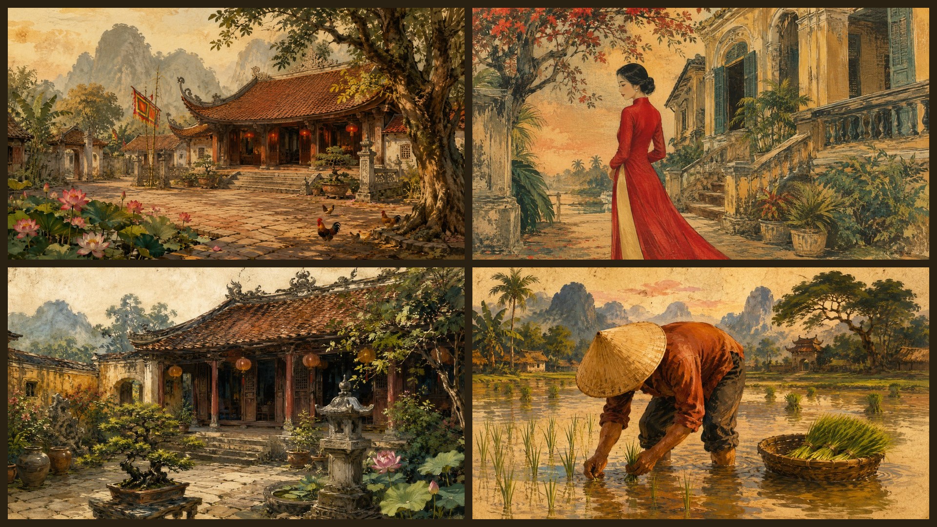 Four sample 4K wallpapers from 100 Vietnamese Aesthetic 4K Wallpapers — Painterly Vietnam Heritage Wallpaper Series (Vol 16)