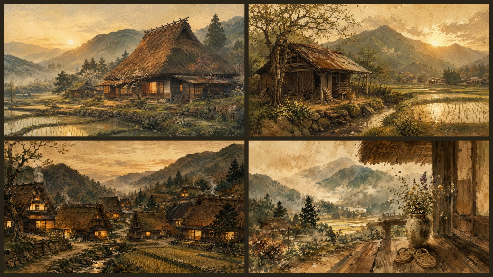 Four sample 4K wallpapers from 100 Village Life & Minka Farmhouse 4K Wallpapers — Rural Japanese Painterly Aesthetic (Vol 17)
