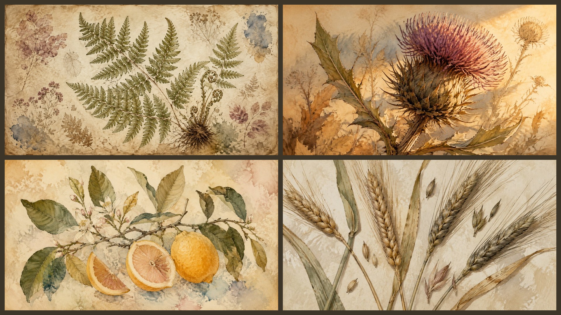 Four sample 4K wallpapers from 100 Vintage Botanical & Herbarium 4K Wallpapers — Antique Painterly Plant Studies (Vol 34)