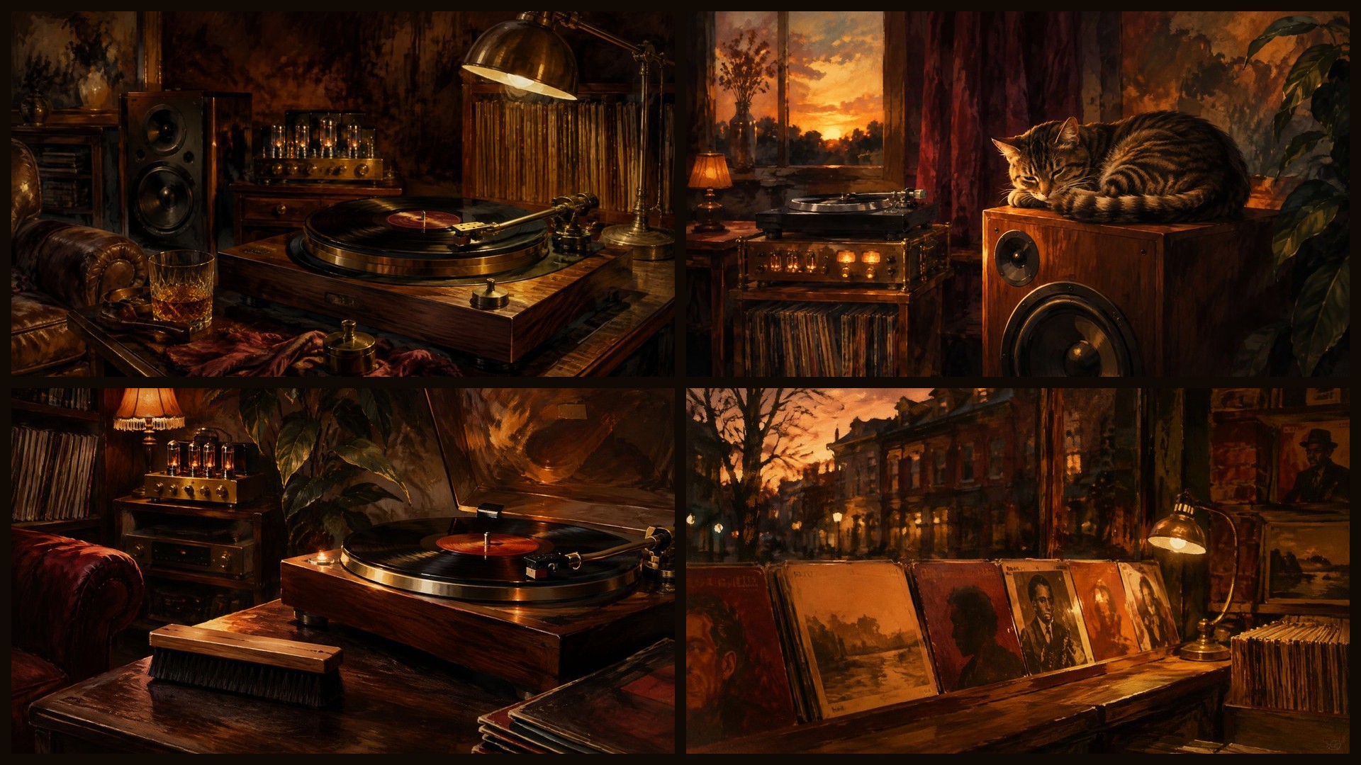 Four sample 4K wallpapers from 100 Vinyl Listening Room 4K Wallpapers — Turntable Glow & Analog Warmth (Vol 47)