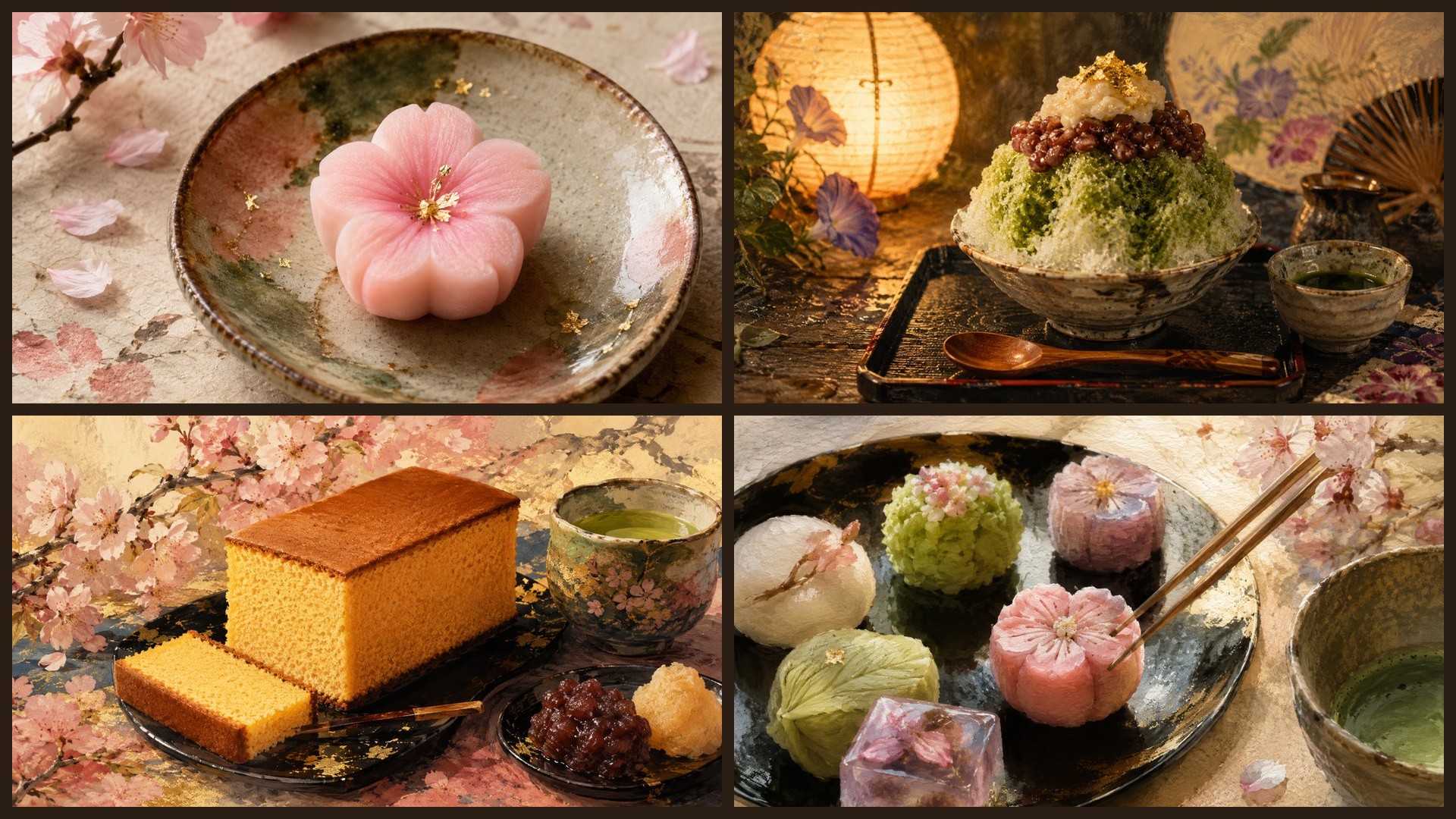 Four sample 4K wallpapers from 100 Wagashi & Japanese Confections 4K Wallpapers — Painterly Sweet Aesthetic (Vol 18)