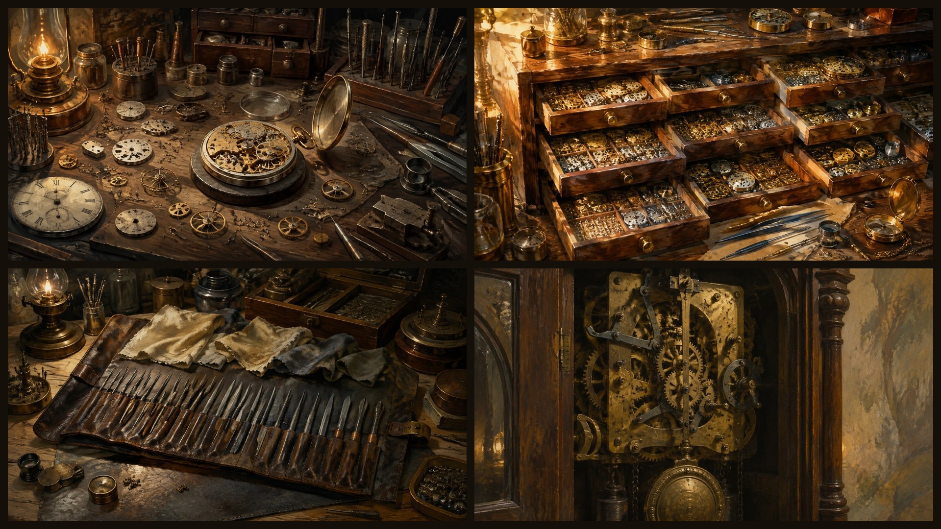 Four sample 4K wallpapers from 100 Watchmaker's Workbench 4K Wallpapers — Loupe, Gears & Brass Precision (Vol 46)