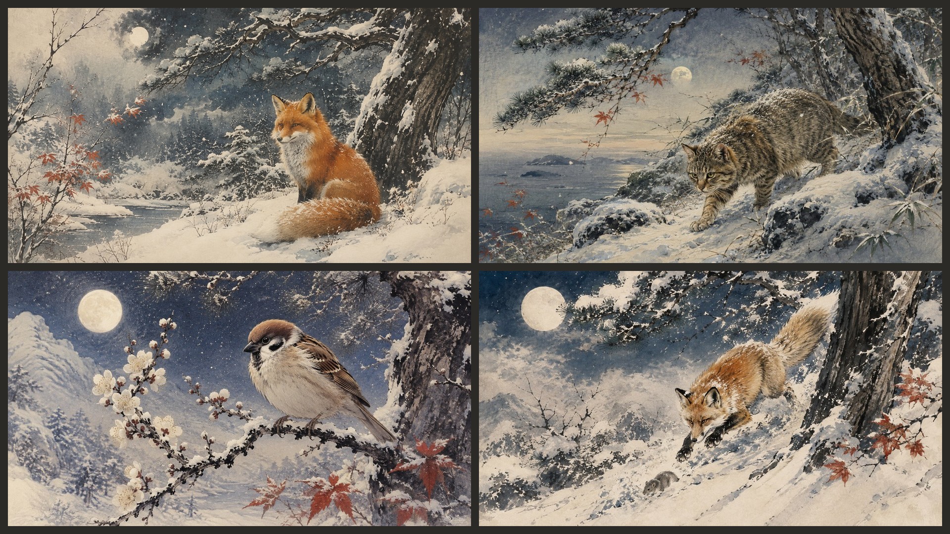 Four sample 4K wallpapers from 100 Japanese Winter Wildlife 4K Wallpapers — Painterly Snow Animals Aesthetic (Vol 21)