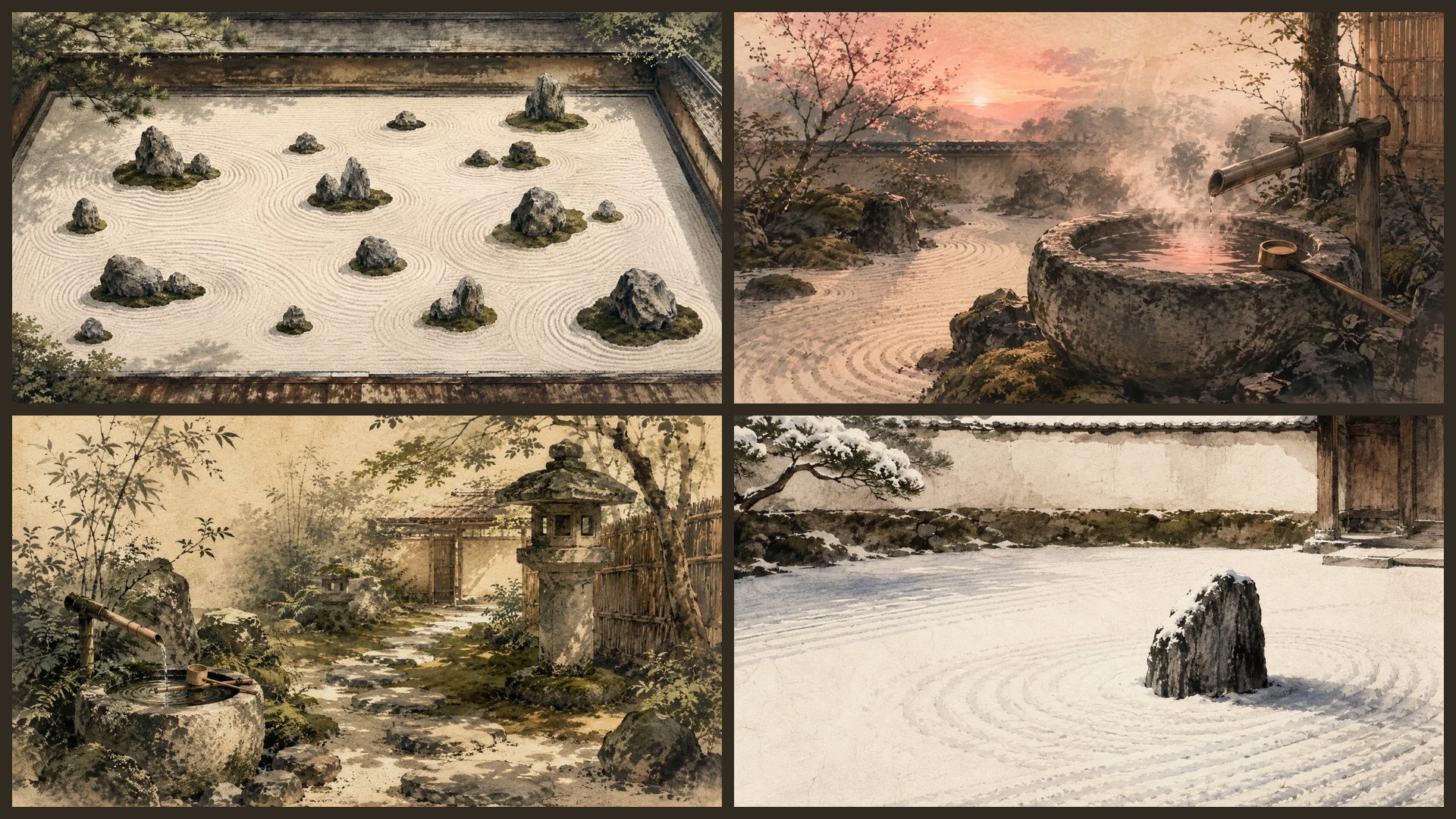 Four sample 4K wallpapers from 100 Zen Garden Karesansui 4K Wallpapers — Minimalist Japanese Painterly Aesthetic (Vol 11)
